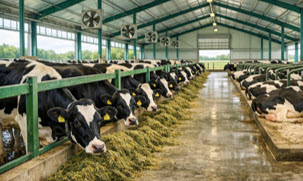 Cow eating fresh hydroponic fodder from a trough